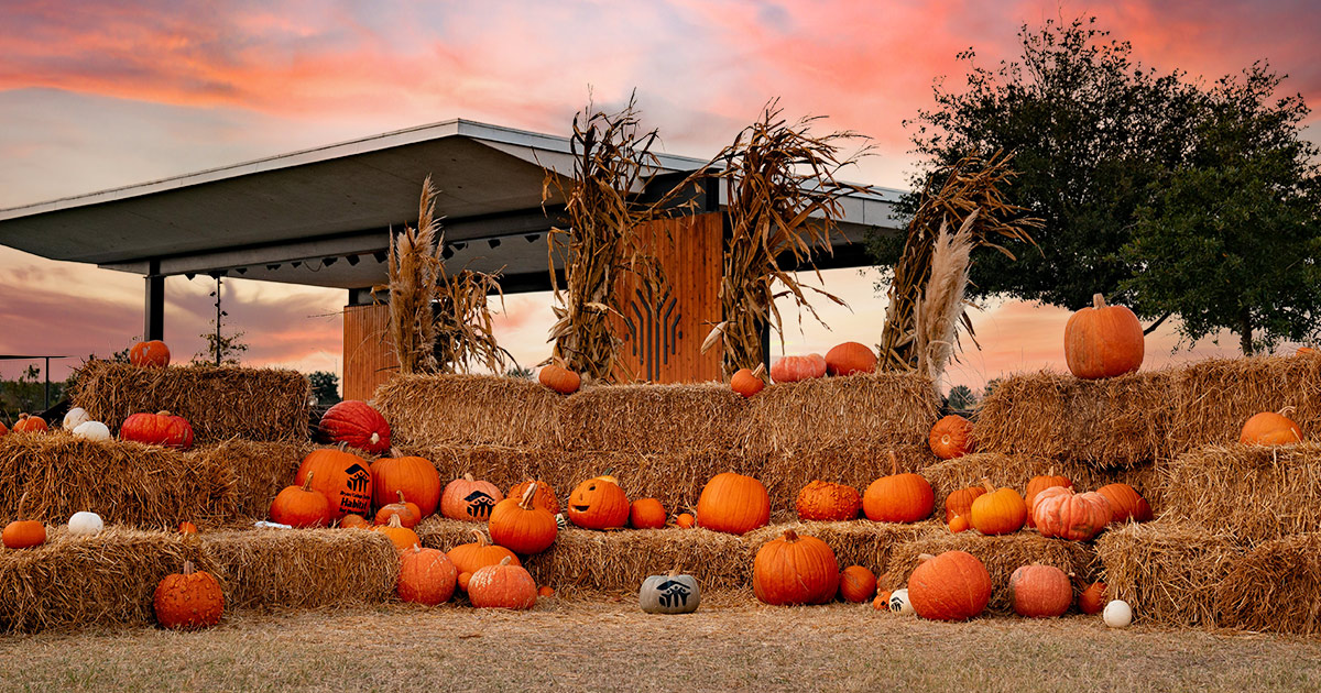 stacked hay bales covered with pumpkins arranged at Lake Walk