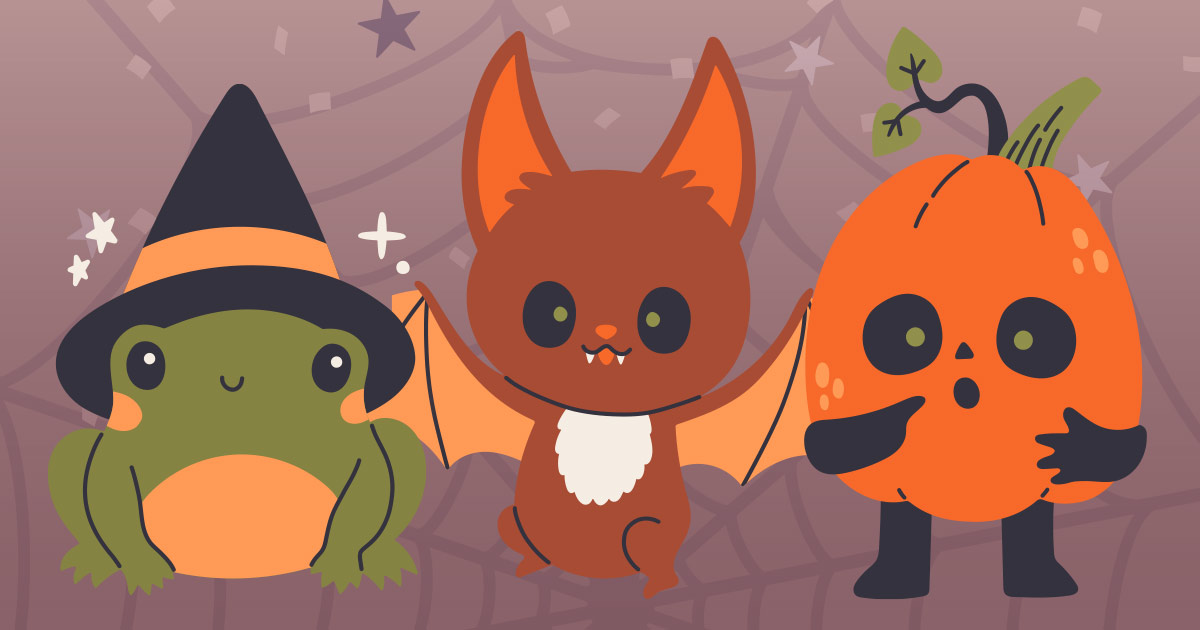 cute halloween illustrations of a witch frog, a smiling bat and a jack o lantern